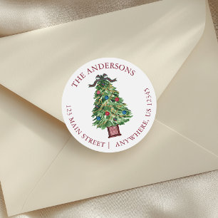 Aquarell Preppy Karo-Schleife Weihnachtsbaum Adres Runder Aufkleber