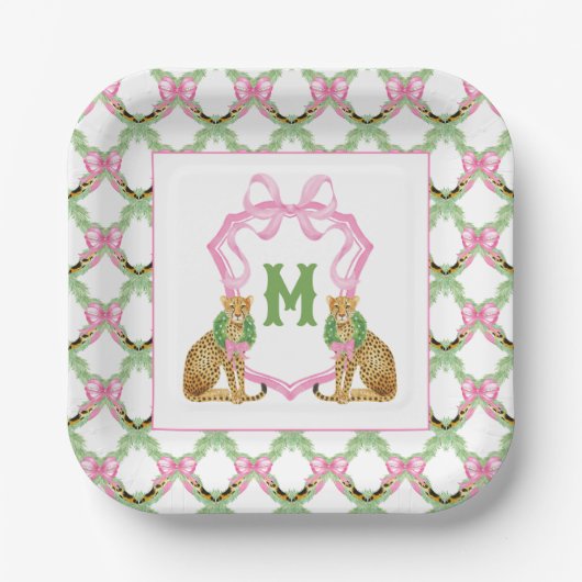 Aquarell-Preppy-Leopard-Monogrammwappen Pappteller (Vorderseite)