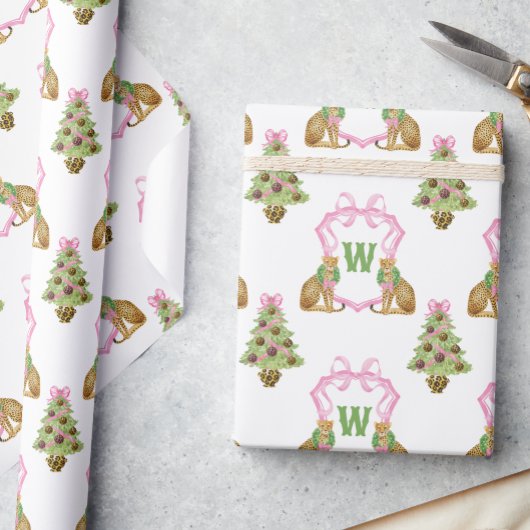 Aquarell-Preppy-Leopard-Weihnachts-Monogramm-Wappe Geschenkpapier