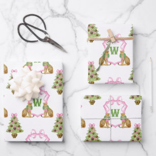 Aquarell-Preppy-Leopard-Weihnachts-Monogramm-Wappe Geschenkpapier Set