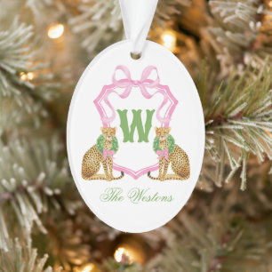 Aquarell-Preppy-Leopard-Weihnachts-Monogramm-Wappe Ornament