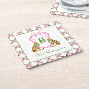 Aquarell-Preppy-Leopard-Weihnachts-Monogramm-Wappe Rechteckiger Pappuntersetzer