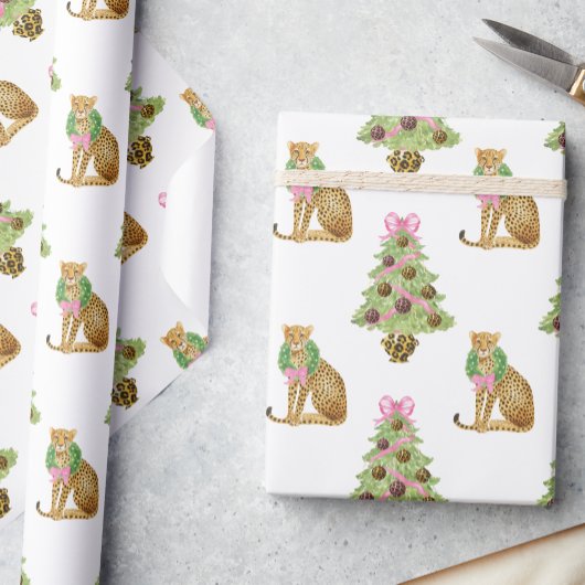 Aquarell-Preppy-Leopard-Weihnachtsbaum Geschenkpapier