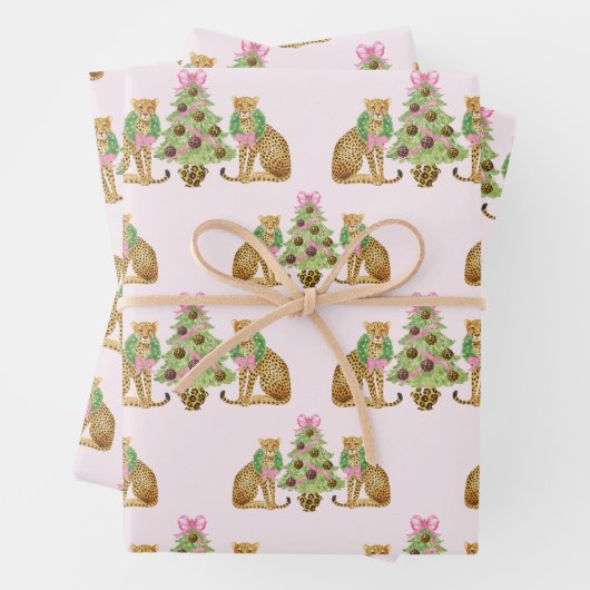 Aquarell-Preppy-Leopard-Weihnachtsbaum Geschenkpapier Set (Beispiel)
