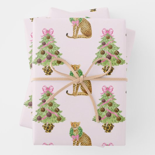 Aquarell-Preppy-Leopard-Weihnachtsbaum Geschenkpapier Set (Beispiel)