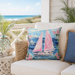 Aquarell Preppy Rosa Segelboot Küstenblau Kissen