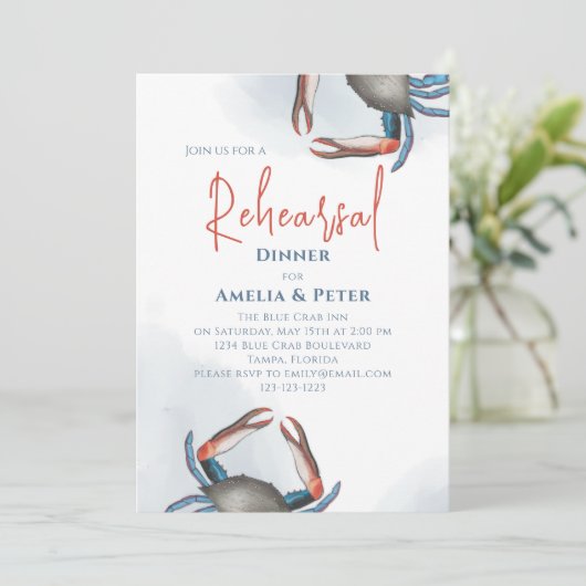Aquarell Probe Dinner Blue Crab QR Code Sea Einladung (Stehend Vorderseite)