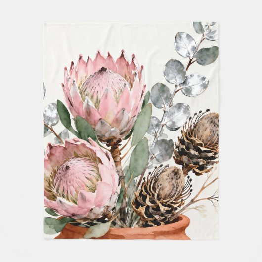 Aquarell-Protea-Eukalyptus-Arrangement Fleecedecke (Vorderseite)