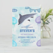 Aquarell Qualle und Hai 1. Geburtstag Einladung (Stehend Vorderseite)