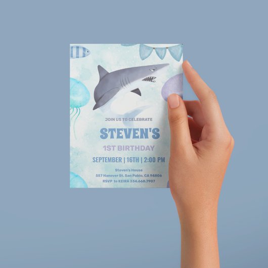 Aquarell Qualle und Hai 1. Geburtstag Einladung