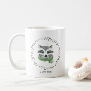 Aquarell Raccoon mit Scara Winter Kranz Kaffeetasse
