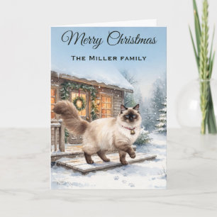 Aquarell-Ragdoll-Katze Winterhütte Weihnachten Karte