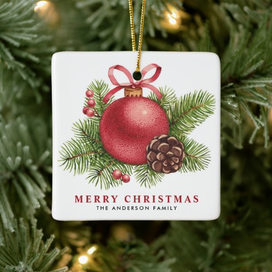 Aquarell Red Ball Bauble Frohe Weihnachten Keramikornament (Baum)