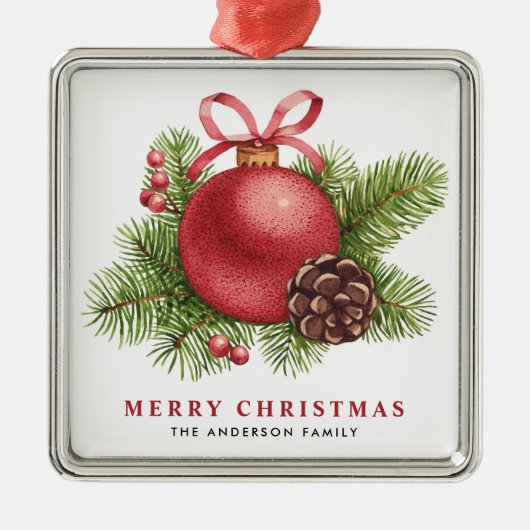 Aquarell Red Ball Bauble Frohe Weihnachten Ornament Aus Metall (Vorne)