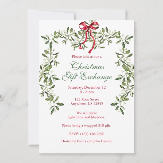 Aquarell Red Bow Mistletoe Garland Weihnachten Einladung (Vorderseite)