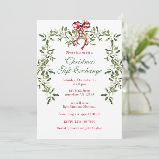 Aquarell Red Bow Mistletoe Garland Weihnachten Einladung (Stehend Vorderseite)