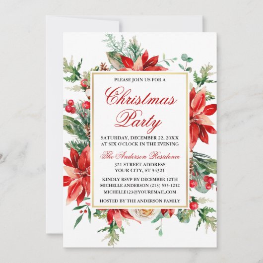 Aquarell Red Poinsettia Blumenweihnachtsgebäck Par Einladung (Vorderseite)