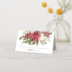 Aquarell Red Poinsettia Holly Brautparty Platzkarte