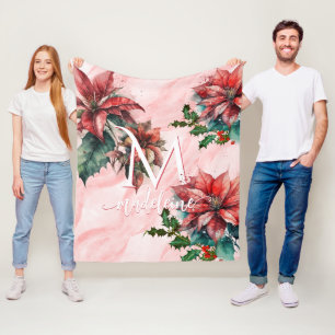 Aquarell Red Poinsettia Mistletoname Weihnachten Fleecedecke