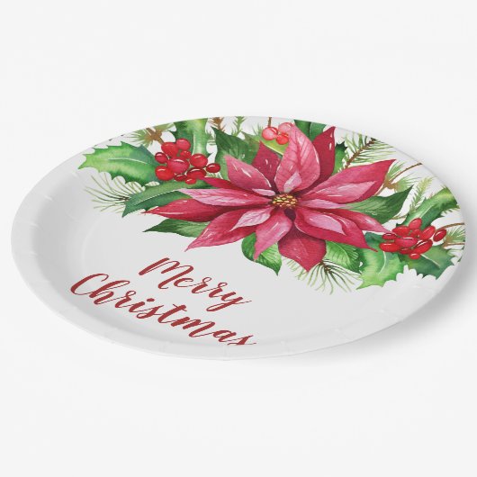 Aquarell Red Poinsettia Weihnachten Pappteller (Schrägansicht)
