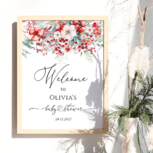 Aquarell Red Winter Floral Baby Dusche Willkommen Poster