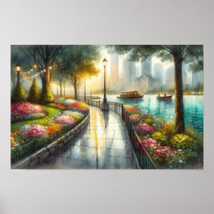 Aquarell Regen Park Szene Poster