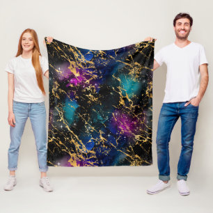 Aquarell Regenbogen & Schwarz & Gold Marmor Galaxi Fleecedecke
