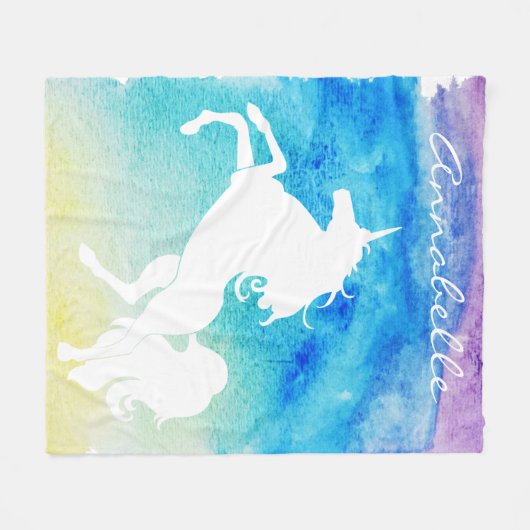 Aquarell-Regenbogen u. wunderliches weißes Einhorn Fleecedecke (Vorderseite (Horizontal))