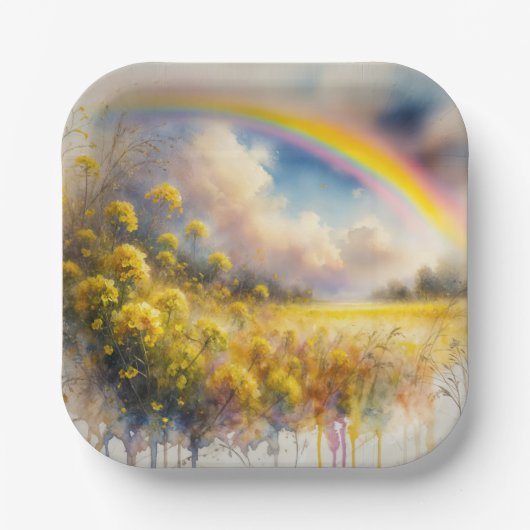 Aquarell-Regenbogen über einer Wildblumenwiese Pappteller (Vorderseite)