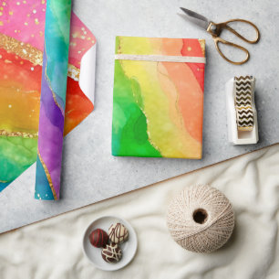Aquarell-Regenbogen und Gold-Glitter-Alkohol-Tinte Geschenkpapier