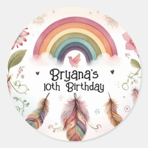 Aquarell Regenbogen Vogel & Federn Boho Geburtstag Runder Aufkleber