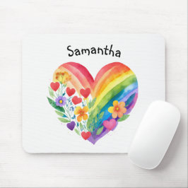 Aquarell-Regenbogenherz & Blumen Personalisiert Mousepad