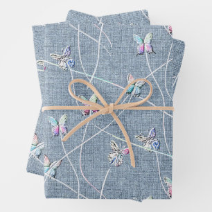 Aquarell-Relief-Schmetterlinge auf Denimblauem Lei Geschenkpapier Set