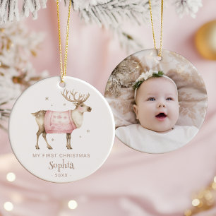 Aquarell-Rentier-Babys 1. Weihnachtsfoto Keramik Ornament