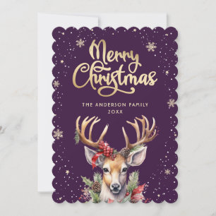 Aquarell-Rentier Lila Gold Weihnachtskarte Feiertagskarte