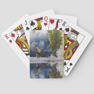 Aquarell-Rentier schneebedeckter Winterwald Spielkarten