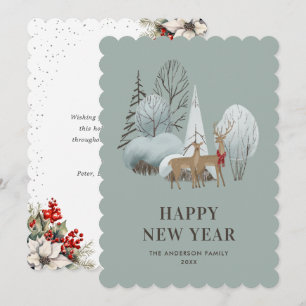 Aquarell-Rentier-Stechpalmen-Beeren-Neujahrskarte Feiertagskarte