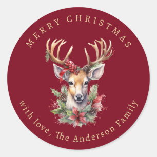 Aquarell-Rentier-Stechpalmen-Beeren-Rot-Weihnachte Runder Aufkleber