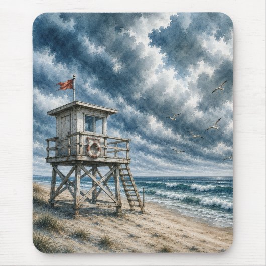 Aquarell-Rettungsturm am Küstenstrand Mousepad (Vorne)