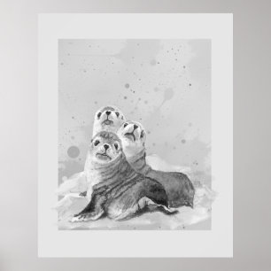 Aquarell Robbenfamilie Meerestiere Natur Kunst Poster