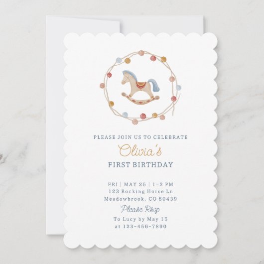 Aquarell, Rockpferd, Pom-poms, Geburtstag Einladung (Vorderseite)