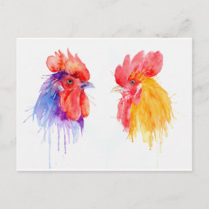 Aquarell Rooster Portrait 2 Hahn Postkarte