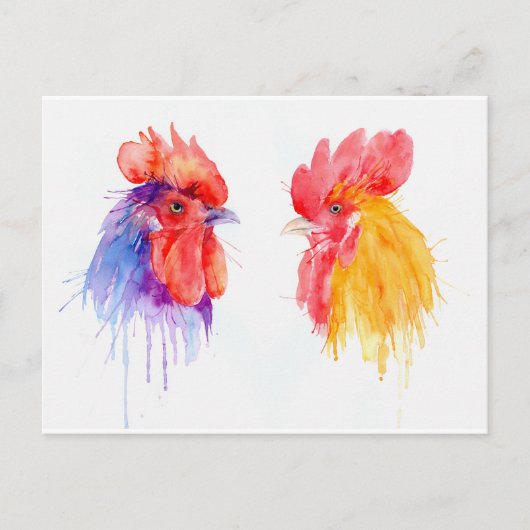 Aquarell Rooster Portrait 2 Hahn Postkarte (Vorderseite)
