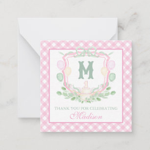 Aquarell-Rosa 1. Geburtstags-Monogramm-Wappen-Part Mitteilungskarte