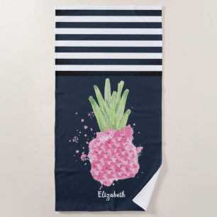 Aquarell Rosa Ananas Blau Gestreift Strandtuch