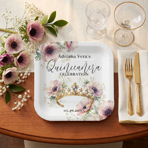 Aquarell-Rosa Anemonen Gold-Tiara Quinceañera Pappteller