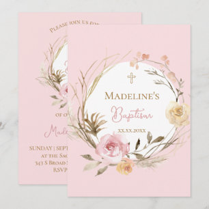 Aquarell rosa beigefarbene Blumen Taufe Einladung
