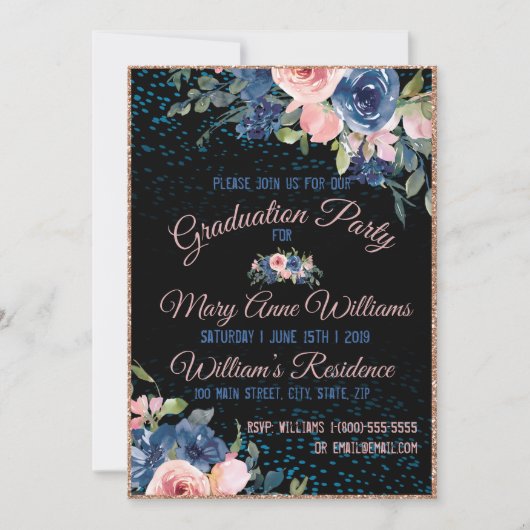 Aquarell Rosa Blau Elegante Abschluss Einladung (Vorderseite)