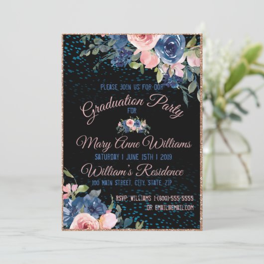 Aquarell Rosa Blau Elegante Abschluss Einladung (Stehend Vorderseite)