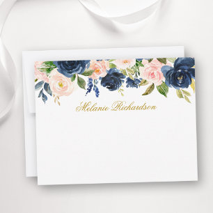 Aquarell Rosa Blau Floral Personalisiert Gold Mitteilungskarte